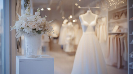 Beautiful display of wedding decor and floral arrangements in a luxury bridal store. Soft lighting and elegant design create a serene and romantic shopping experience.
