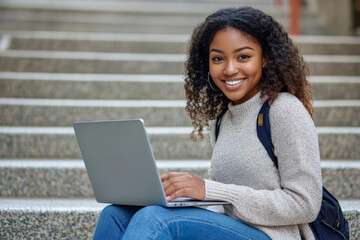 A cheerful young Black female college student e-learning on her laptop at campus, sitting on the steps and smiling widely at the camera.