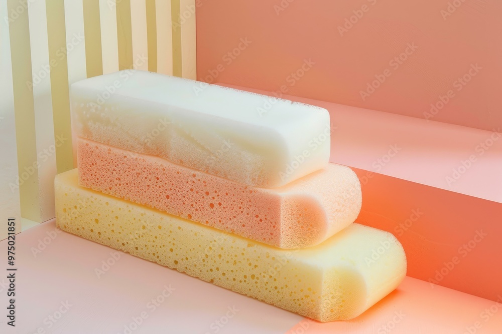 Poster three different density memory foam pillows forming a stack on pink background with lines pattern cr