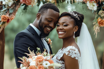 A joyful Black bride and groom embracing at their wedding, standing under an arch decorated with flowers, smiling at the camera with love and happiness.