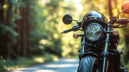 Fototapeta premium Black Motorcycle Helmet on Handlebars. AI generated illustration