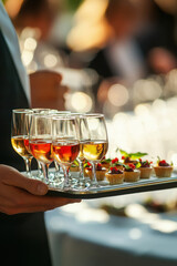 Obraz premium Waiter serving a tray with glasses of wine and appetizers at an elegant event, showcasing hospitality and fine dining. Vertical