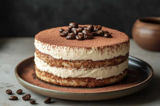 A front view of a luxurious tiramisu cake, with layers of espresso-soaked sponge and mascarpone cream. The cake is topped with a dusting of fine cocoa powder and a few coffee beans for an added touch