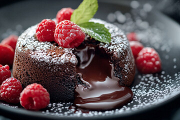 A detailed shot of a luxurious chocolate lava cake, focusing on the molten chocolate center as it...