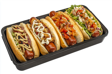 different types of hot dogs with various toppings, placed in a black wooden tray