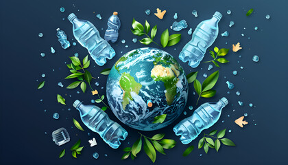 Illustration of earth with plastic bottles and plants symbolizing plastic waste management