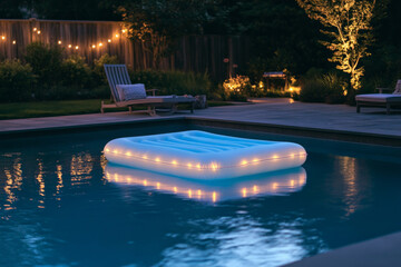 A serene swimming pool at dusk, with a glowing, LED-lit air mattress slowly drifting on the calm water. The pool is surrounded by twinkling garden lights, adding a magical, evening atmosphere..jpg