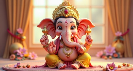 Naklejka premium A vibrant illustration of Lord Ganesha, the Hindu deity of wisdom and prosperity, perfect for spiritual and cultural themes in designs or marketing.