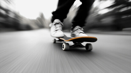 blurry action image of feet standing on a fast driving skateboard