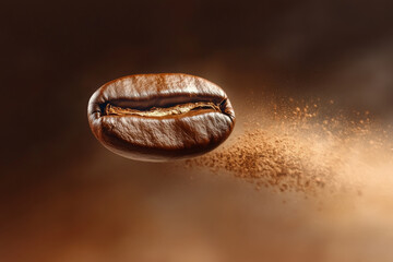 A single coffee bean soaring through the air, with motion blur trails showing its swift movement. The background is a gradient of warm brown tones, creating a dynamic, energetic feel as the bean appea