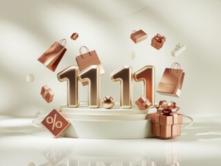 Golden Shopping Festival Display with 11.11 Date and Gift Boxes Floating in Light Background International Singles Day.