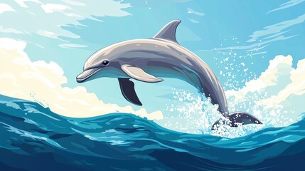 Naklejka premium A playful dolphin leaps out of the ocean water, creating a splash, against a bright blue sky with white clouds.