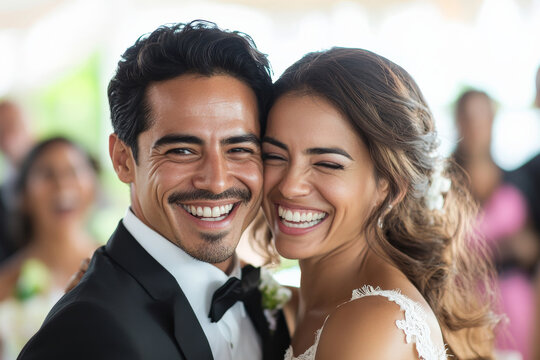 A joyful Hispanic bride and groom dancing together at their wedding reception, surrounded by friends and family, both smiling with happiness.