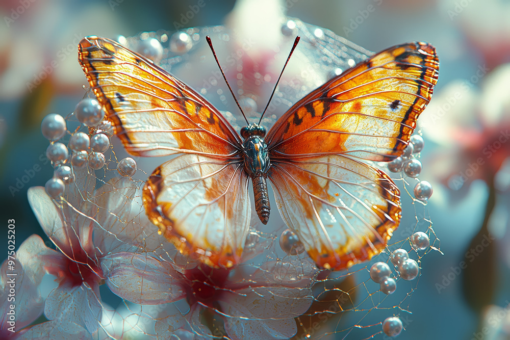Aufkleber a spider web made of strings of pearls, with a butterfly caught in it, symbolizing the entrapment of