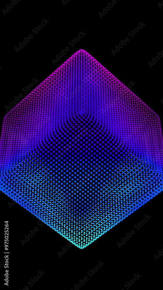 Poster looped distortion waves on abstract cube of particles. digital data splash of box point array. futur