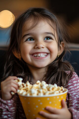 A Hispanic preschooler girl, cheerful and innocent, eating popcorn while watching a comedy movie in a cozy cinema. Her joyful expression is filled with wonder.