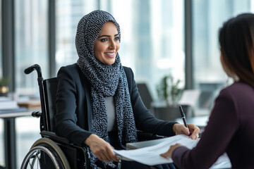 A middle-aged Arabian businesswoman in a wheelchair smiling warmly while going over reports with a female coworker in a modern office space.