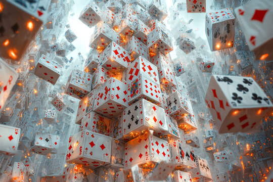 A skyscraper made of playing cards, with the top floors starting to collapse, symbolizing the fragility of overreaching ambition.
