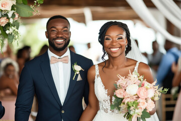 A cheerful Black bride and groom walking down the aisle after their wedding ceremony, holding hands and smiling brightly at the camera.