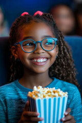 A happy Black teenage girl, relaxed and cheerful, eating popcorn while watching a comedy movie in the cinema. Her laughter is infectious as she enjoys the film.