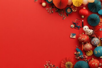 Obraz premium Elegant Oriental Decorations with Red Fan Theme on Festive Red Background