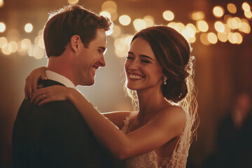 A cheerful Caucasian bride and groom sharing their first dance at the wedding reception, surrounded by warm lights and smiling lovingly at each other.