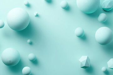 A tranquil abstract background with a gradient from soft aqua to deep teal. Floating 3D geometric shapes, including spheres and polyhedra, have a smooth, matte finish with subtle shadows and gentle