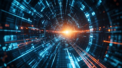 Fototapeta premium A cyber tunnel with straight, cutting-edge lines that converge to a distant point. The abstract design reflects a futuristic digital landscape