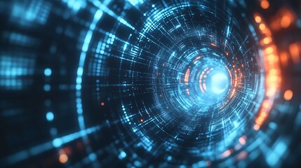 Abstract digital tunnel with precise geometric lines and glowing accents, evoking a cyber-tech environment. The sharpness emphasizes speed and progression