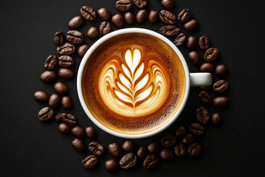 A top view of a coffee cup with latte art in the shape of a leaf, surrounded by a neat arrangement of coffee beans forming a circle. The scene is set against a deep black background, making the cup an