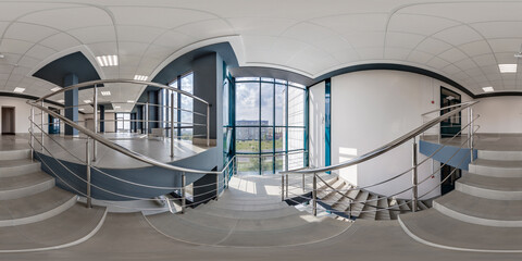 hdri 360 panorama on emergency and evacuation exit stairs in empty modern hall with columns, doors...