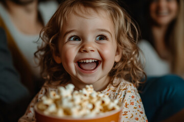 A Caucasian preschooler girl, full of delight, munching on popcorn while laughing at a comedy movie in the cinema. Her big eyes shine with excitement.