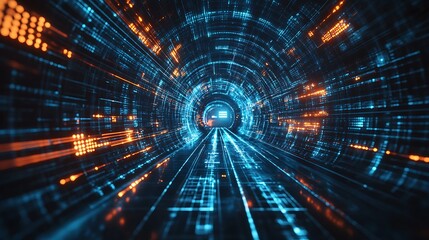 Fototapeta premium Crisp, linear tunnel design with glowing accents that represent the flow of data in a digital world. The sharpness adds to the cyber atmosphere