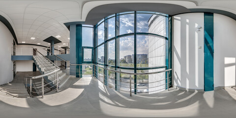 hdri 360 panorama on emergency and evacuation exit stairs in empty modern hall with columns, doors...