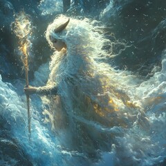 Ethereal figure in a mystical, watery landscape.