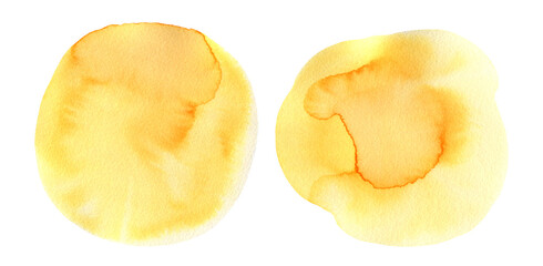 Artistic watercolor painting liquid textured yellow round blob isolated on white. Abstract watercolour circle sun shape for pancake concept, sunny banner design, texture frame background