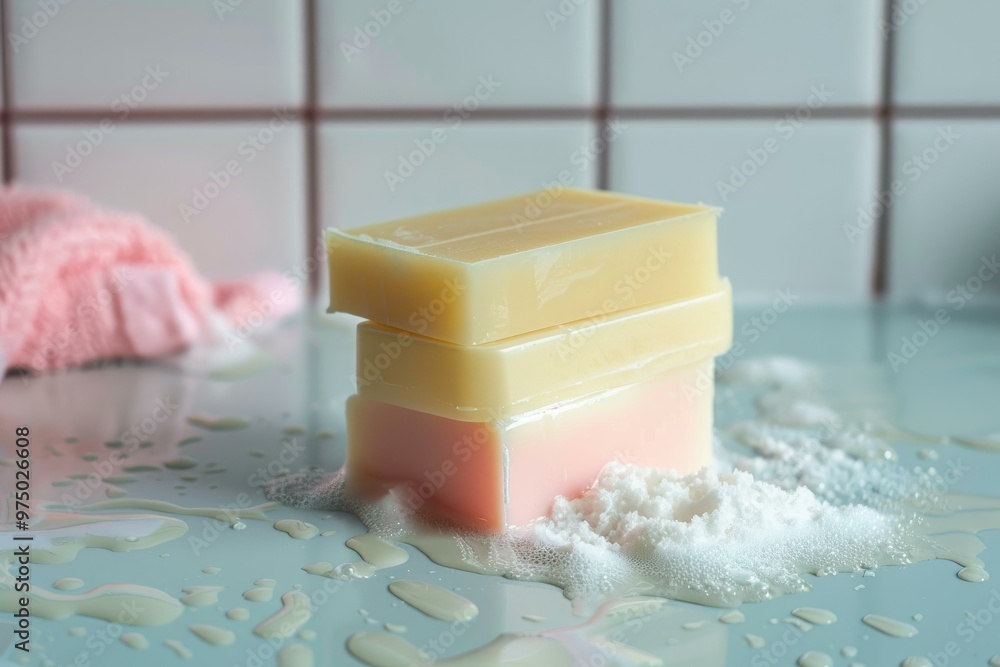 Poster three bars of soap are stacked on a wet countertop with soap suds and a washcloth in the background