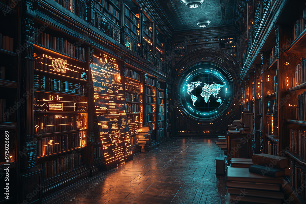 Poster a library with books that emit glowing graphs and charts when opened, showcasing the knowledge and d