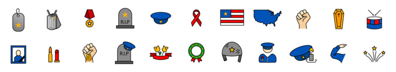 Veterans Day Colored Icons Set. Military Icons In Simple color Design. Memorial Day Vector Line Icons Set. Vector Illustration