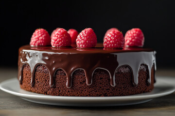 A front view of a luxurious chocolate raspberry cake, with rich chocolate layers and a tart raspberry filling. The cake is topped with a glossy chocolate ganache and fresh raspberries, adding a burst