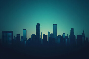 A modern urban skyline with a gradient background that transitions from a bright cyan near the horizon to a dark, moody blue at the top. The buildings are silhouetted against the gradient sky,
