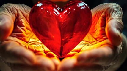 Elderly hands of a woman gently cradle a glowing red heart, symbolizing love and care. The warm light creates a heartfelt and emotional scene, suggesting compassion and support during evening hours.