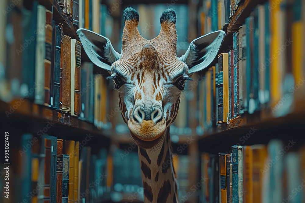 Poster a giraffe reaching for books on a high shelf in a library, representing a quest for knowledge. conce