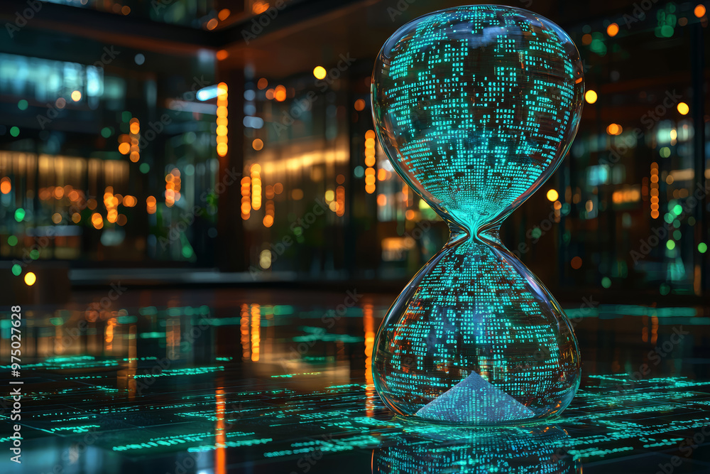 Poster a giant hourglass filled with digital code instead of sand, representing the importance of time mana