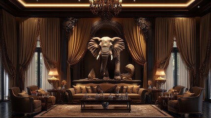 Elegant Living Room Poster: Opulent Space with Grand Elephant Sculpture, Dark Wood Furniture, and Soft Lighting - Perfect for Luxurious Home Decor or Stylish Interior Design Inspiration