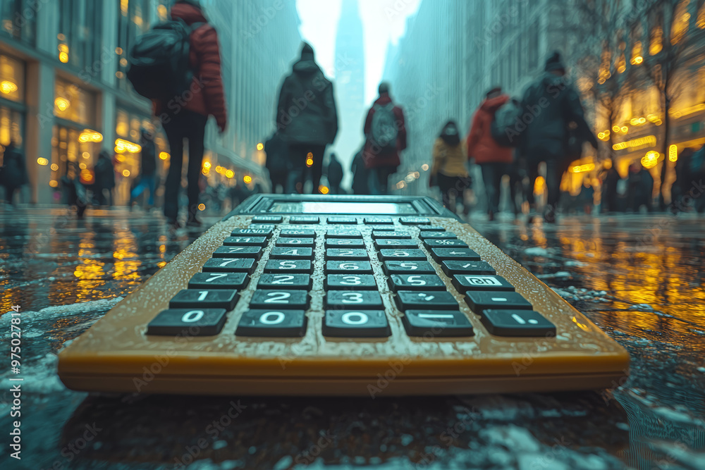 Poster a giant calculator where people are walking on the numbers, symbolizing the complex calculations beh