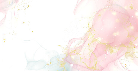 Fototapeta premium Alcohol ink creates an abstract fluid art background with flowing pink and gold accents on a transparent canvas