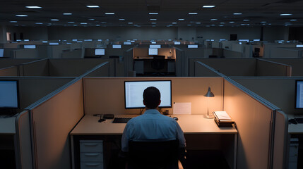 Lone Worker Sitting at a Desk in a Dimly Lit Office | Solitary Productivity in a Quiet Corporate Environment