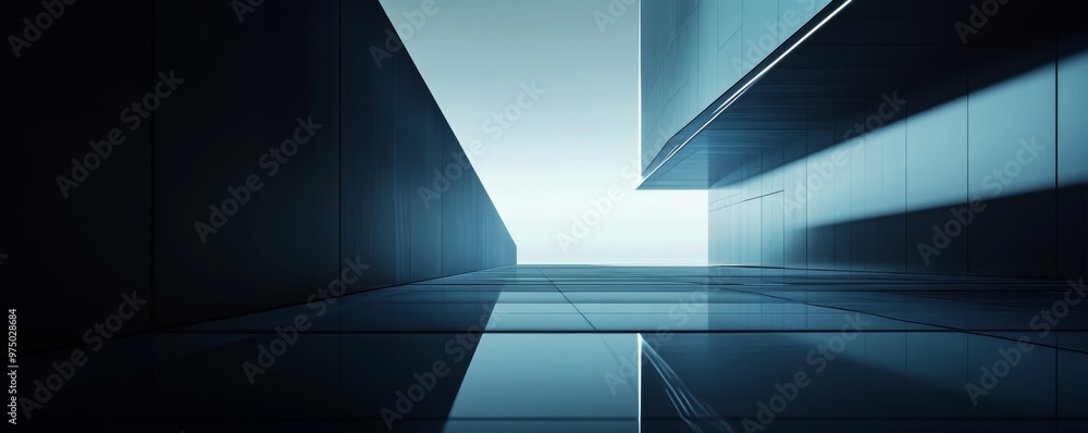 Poster Modern architectural corridor with reflections, futuristic design concept