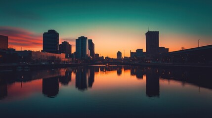 A city skyline with buildings reflecting in a calm river at sunrise.